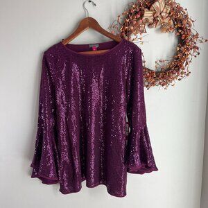 Vince Camuto Metallic Knit Flutter Sleeve Top LARGE Arresting Plum